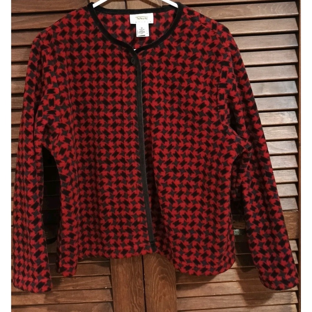 Talbots Womens Sweater Jacket Red Black Houndstooth‎ Button Front Size MP